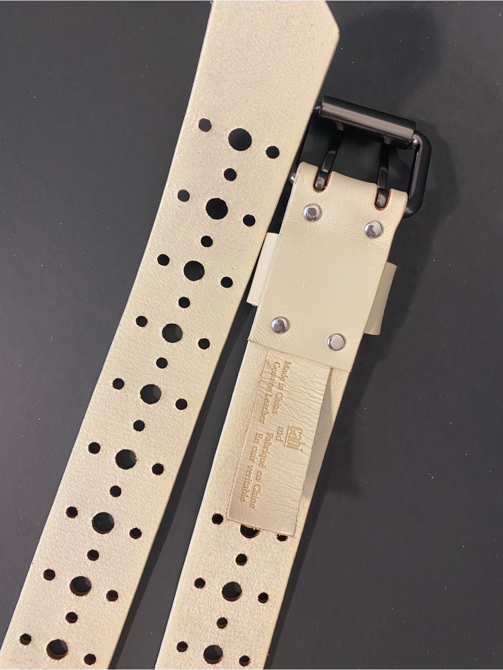 CAbi Cream Leather Perforated Belt Gunmetal Two-Prong Buckle - Picture 4 of 9